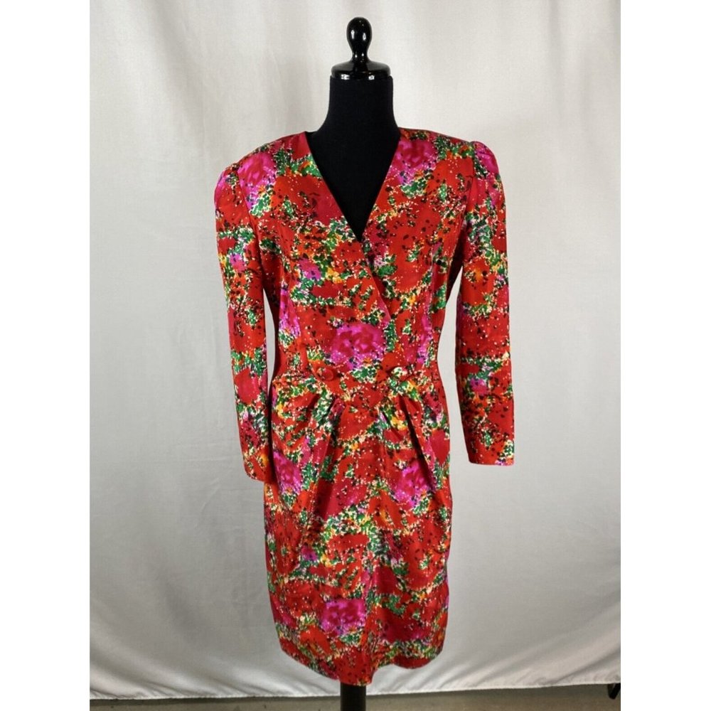 Raul Blanco Vintage 100% Silk Red,Green,Pink Print Dress Size 10